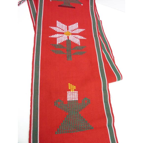 Vintage Boho Cottage Handmade Needlepoint Christmas Table Runner Decor Red - Picture 4 of 5